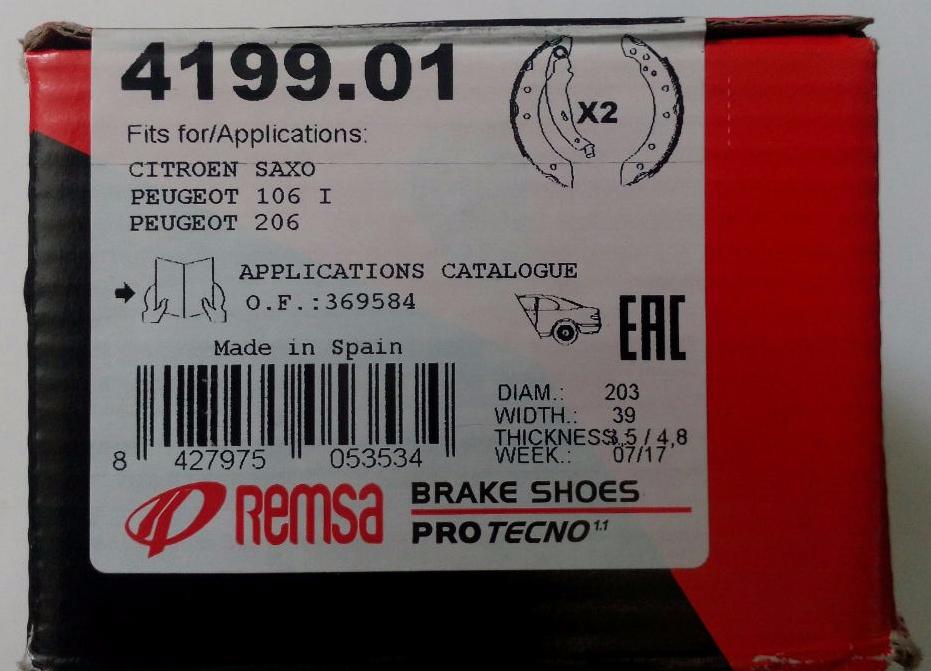 купить Тормозные колодки барабанные задние REMSA 4199.01, комплект на Рено (Renault) Дачия (Dacia) Логан, МСВ, Дастер, Лоджи.